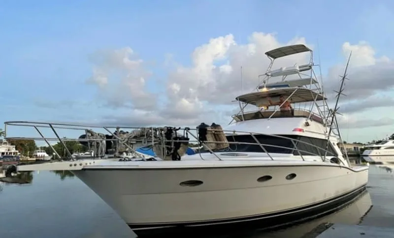 The 50-foot sportfishing boat "Jezebel" docked at Bimini Big Game Club, used for Adrenaline Adventures charters
