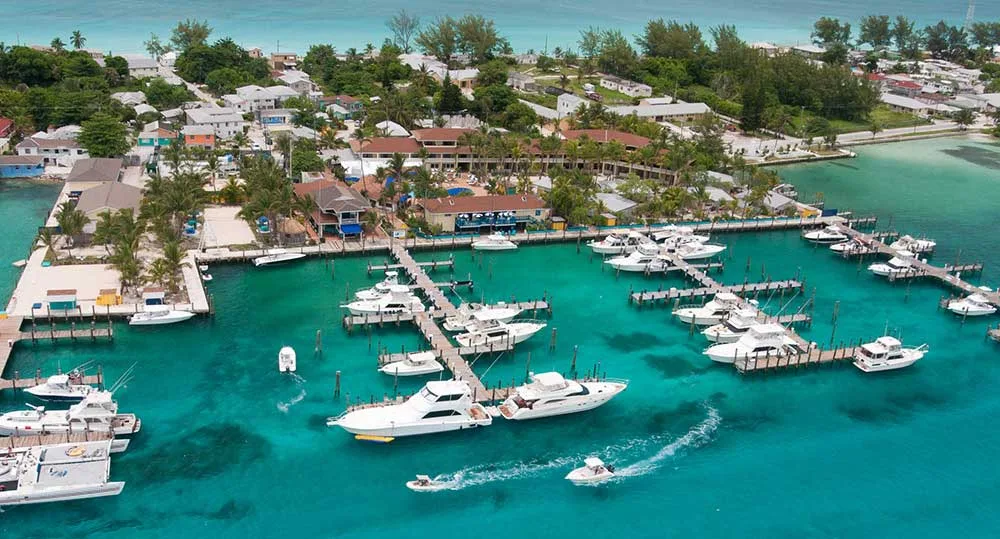 Aerial view of Bimini Big Game Club’s marina and grounds, the resort where WildQuest hosts its dolphin swim retreat