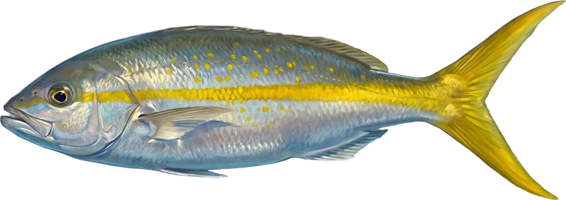 Yellowtail Snapper drawn 1 ft 4 in long beside a six-foot adult at the same scale